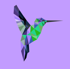 Imagine a vibrant hummingbird, elegantly crafted from a series of geometric shapes. Its body, a patchwork of luminous triangles and hexagons, shimmers in hues of emerald green and sapphire blue. 