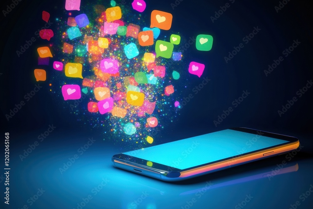 Poster Bright chat bubbles flowing out of smartphone create a lively atmosphere in a modern digital communication setting. Generative AI