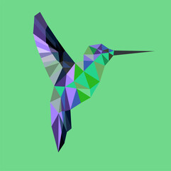 Imagine a vibrant hummingbird, elegantly crafted from a series of geometric shapes. Its body, a patchwork of luminous triangles and hexagons, shimmers in hues of emerald green and sapphire blue. 