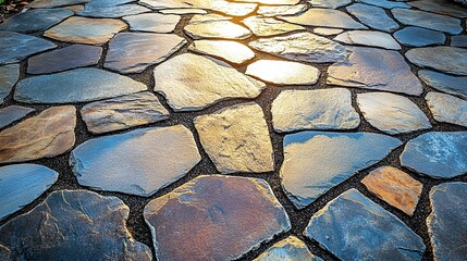 Sunset on a flagstone garden path with glowing light