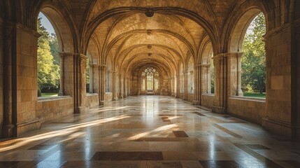 Beautiful fresco illustrates peaceful scenes of prayer and community bathed in soft natural light filtering through arches of tranquil monastery cloister.