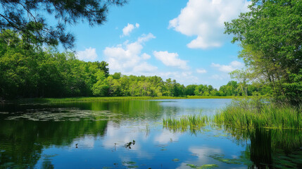 Fototapeta premium Serene Lake in Summer: A tranquil lake reflects a vibrant summer sky, surrounded by lush green trees and reeds. The scene evokes peace and tranquility. 