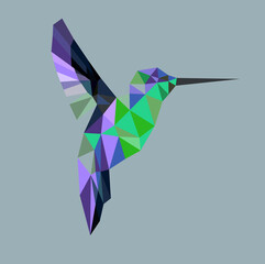 Imagine a vibrant hummingbird, elegantly crafted from a series of geometric shapes. Its body, a patchwork of luminous triangles and hexagons, shimmers in hues of emerald green and sapphire blue. 