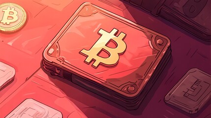 a collection of Bitcoin-related items, including a wallet and coins.