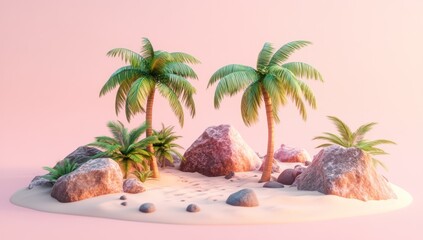 Obraz premium Minimalist island paradise, pink background, 3D render, vacation