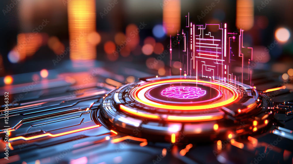 Aufkleber cinematic shot of 3D model displaying AI brain with glowing circuits and vibrant colors, showcasing advanced technology and innovation