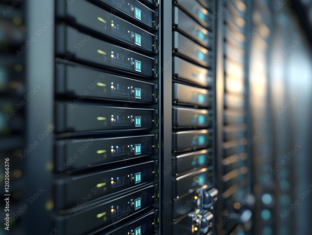 Poster a close-up view of a modern data center with rows of server racks, showcasing the intricate design a