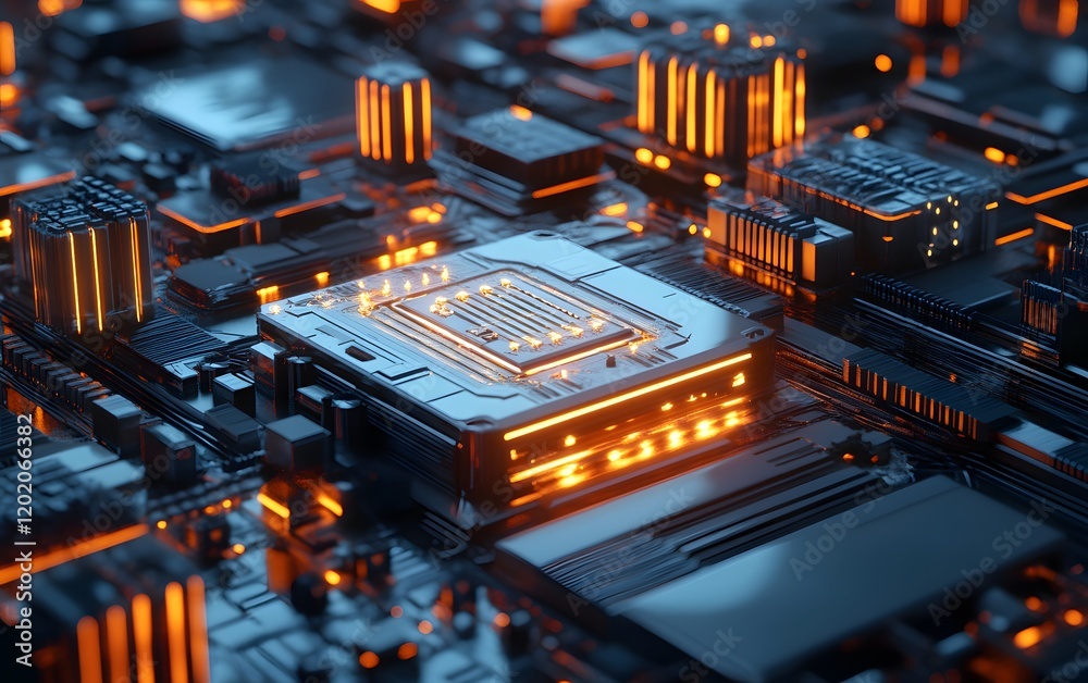 Poster a close-up view of a high-tech microprocessor surrounded by illuminated circuit boards, showcasing t