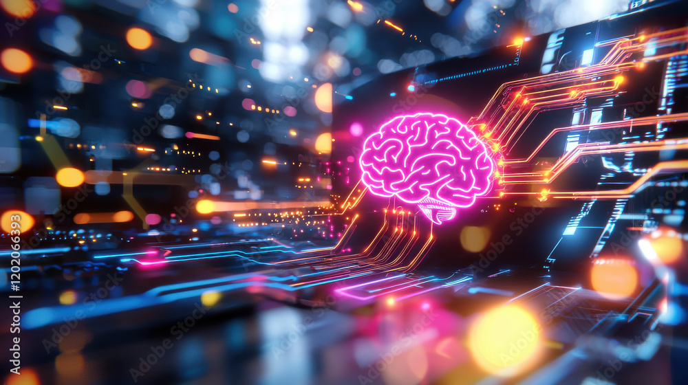 Aufkleber cinematic shot of 3D model displaying AI brain with vibrant neon colors and digital circuits, representing advanced technology and innovation