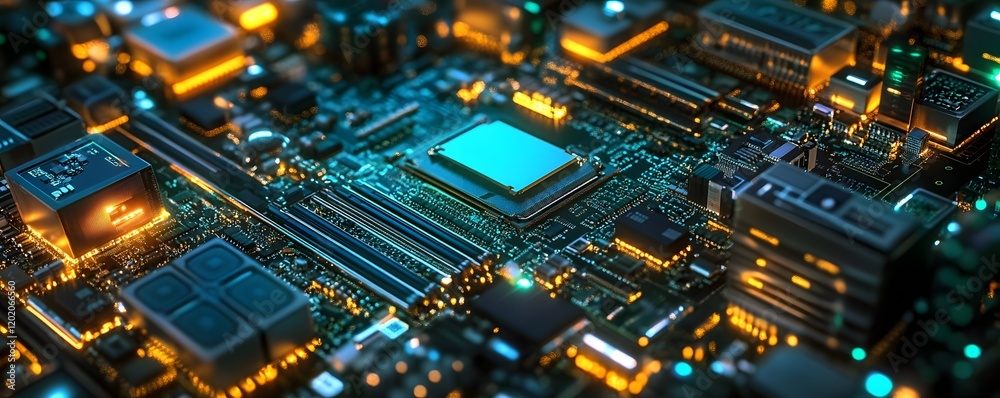 Poster a close-up view of a modern microprocessor with circuit board connections and illuminated components