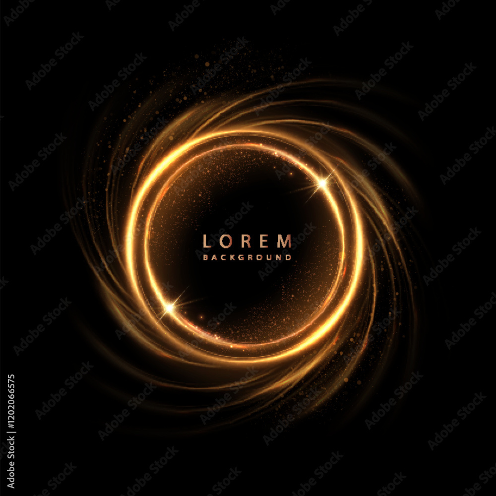 Aufkleber Abstract effect of golden swirls around bright circles with golden glow on black background.