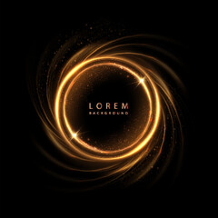 Abstract effect of golden swirls around bright circles with golden glow on black background.