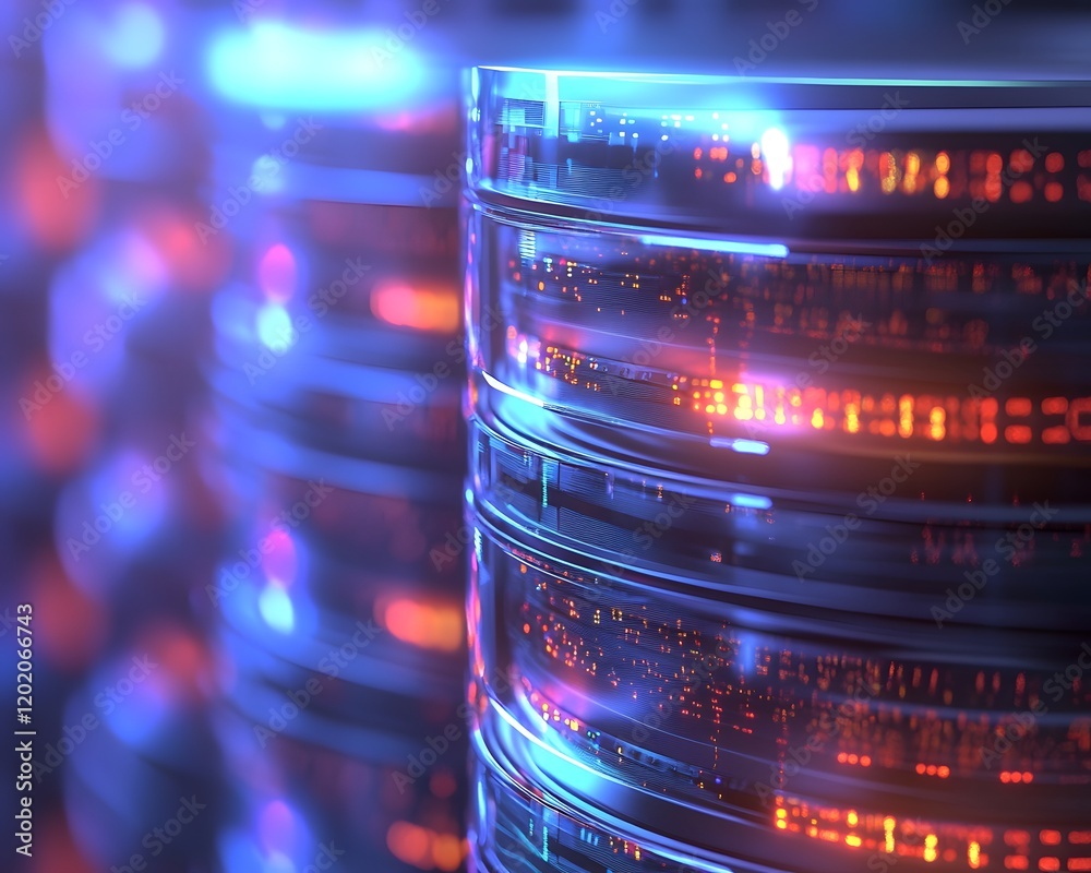 Poster a close-up view of illuminated data storage units showcasing colorful lights and advanced technology