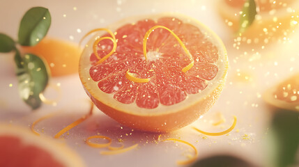 composition featuring a grapefruit cut in half, surrounded by zest curls and green leaves, set against a minimal light-colored background. 