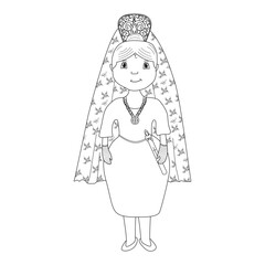 La Manola de Semana Santa vestida de mantilla con una vela en la mano. Ilustración en blanco y negro.