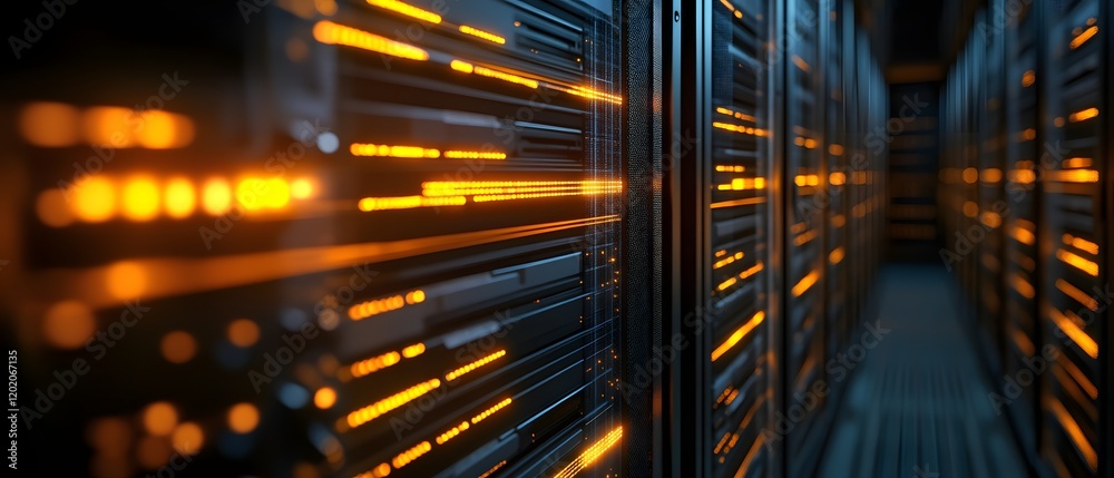 Poster a close-up view of modern server racks illuminated by glowing lights, showcasing the intricate techn