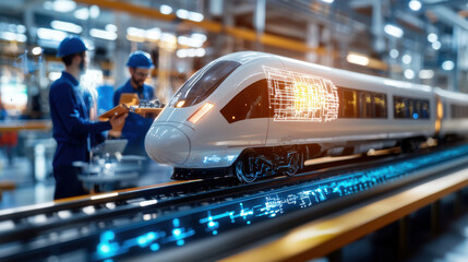 cinematic shot of engineering team designing high speed train model in modern workshop. atmosphere is focused and innovative, showcasing advanced technology