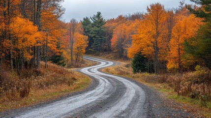 Fototapeta premium Winding road through forest ablaze with autumn color creating a captivating scene