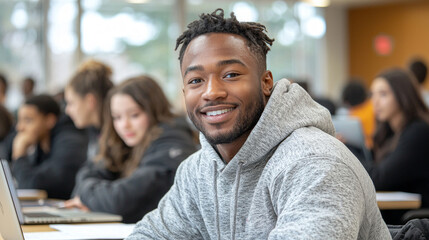 Students engage in collaboration on project in contemporary classroom. Laptops and notebooks are used as they brainstorm ideas and share insights on bright day.