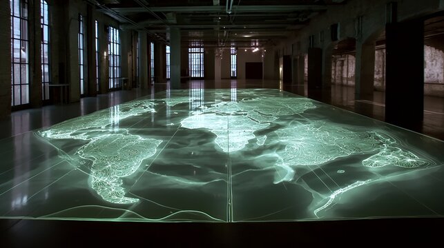Illuminated World Map Installation in a Grand Hall