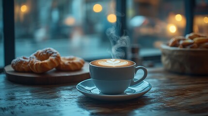 Steaming latte art coffee, pastries, cafe window