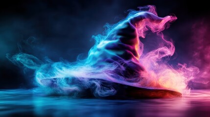 An enchanting witch hat surrounded by swirling colors and smoke, creating a mysterious and magical ambiance that captivates the viewer's imagination and spirit of fantasy.
