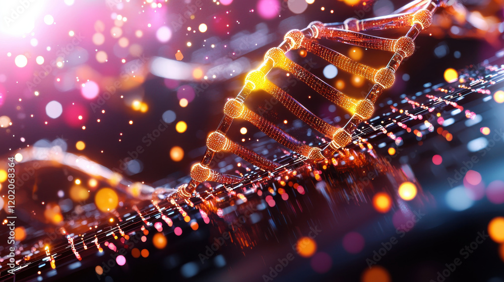 Poster vibrant 3d representation of dna double helix, showcasing intricate details and glowing particles, s
