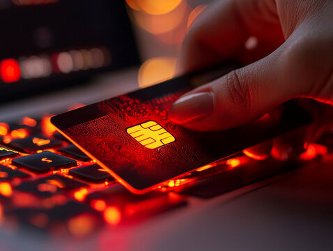 hand is holding credit card near laptop showing suspicious payment alert. red alert symbol highlights danger of online fraud emphasizing need for caution.