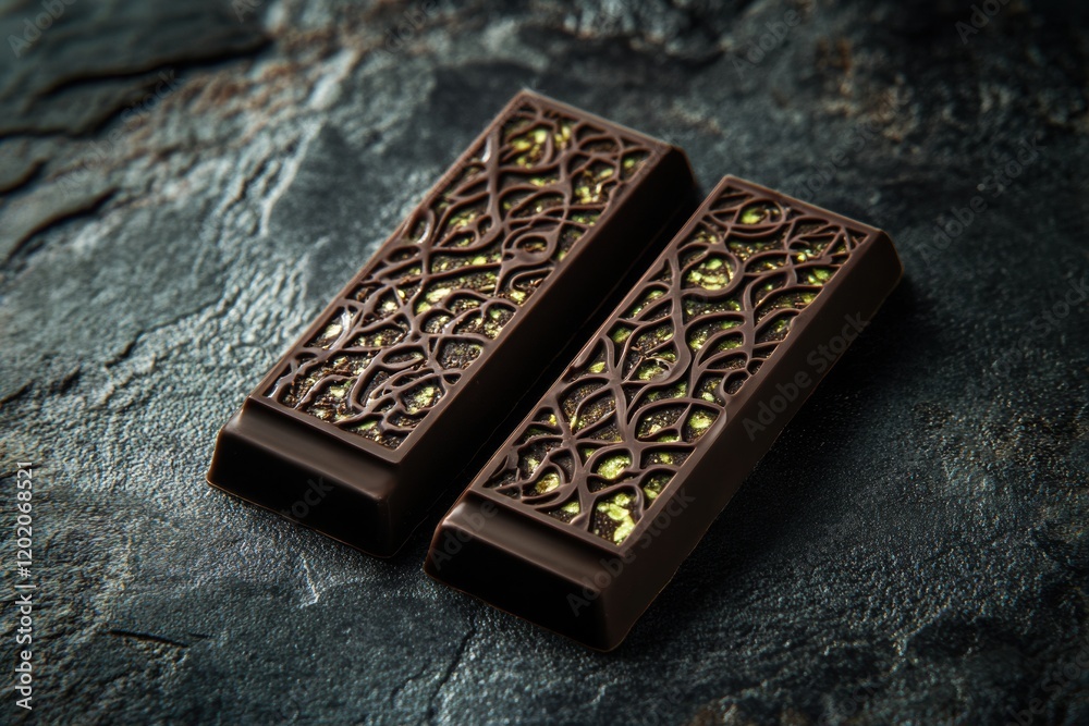 Poster indulging in cut chocolate with pistachio filling on a golden plate surrounded by intricate arabic p