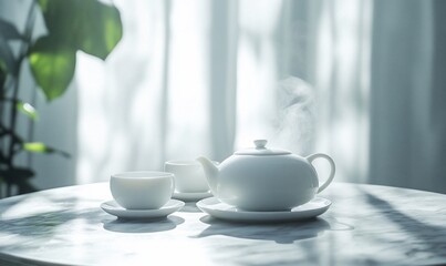 Fototapeta premium Steaming teapot and cups on table, sunlit room, calm morning tea