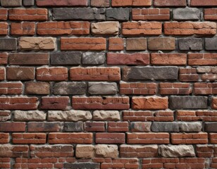 Brick wall with uneven bricks and worn mortar, worn brick, uneven stones