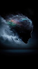 Abstract silhouette with cosmic clouds and colors in dark atmosphere