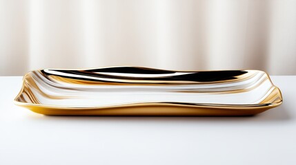 A beautifully crafted serving plate showcases an elegant design with flowing lines that combine gold and white, representing sophistication and refined taste in dining.
