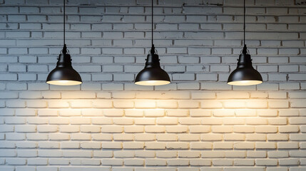 A white brick wall with four hanging spotlights, creating an industrial look .