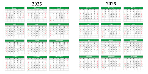 2025, 2026 year english vector annual calendars 12 months
