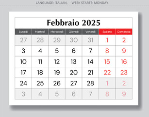 Italian page of calendar for month february 2025 - febbraio. Vector. For Italy