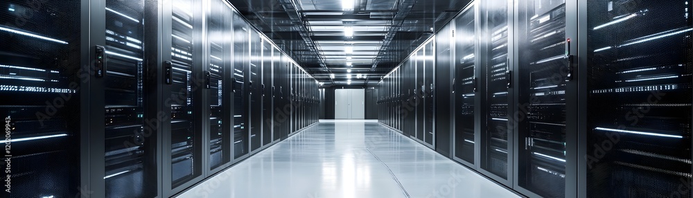 Poster a modern data center featuring rows of high-end servers. the sleek design emphasizes innovation and 