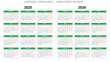 2025, 2026 years portuguese calendars. Vector illustrations Portugal and Brazil