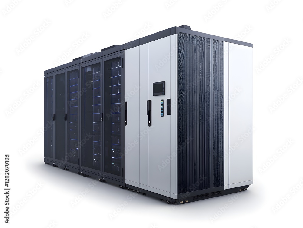 Poster a modern data center featuring rows of sleek server cabinets, showcasing advanced technology for dat