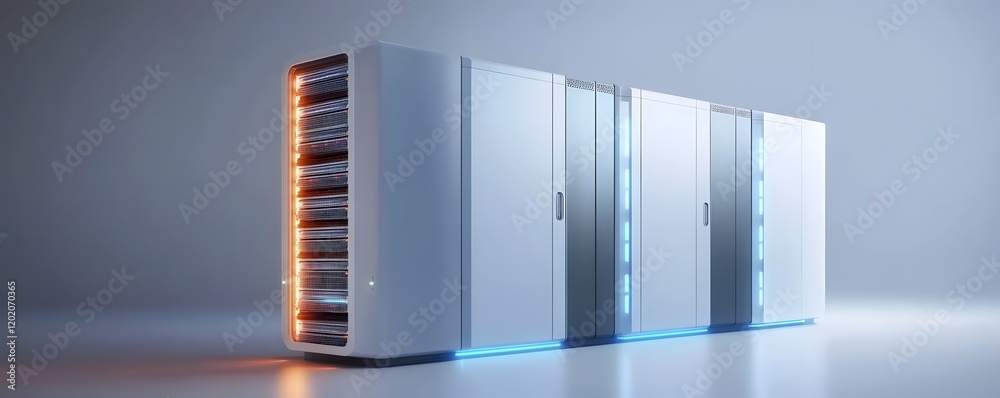 Poster a modern data center featuring sleek server racks illuminated by led lights. this futuristic setup s