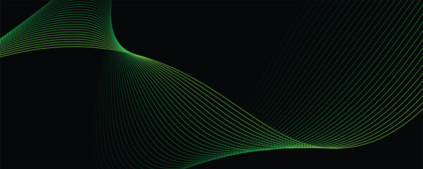 Vector abstract light lines wavy flowing dynamic in green colors isolated on black background.