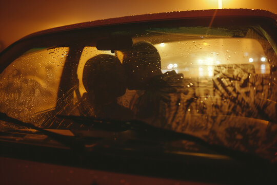 Couple in Car Getting Intimate sharing sensual love and passion behind fogged windows on a romantic night