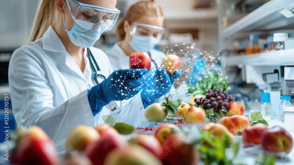 Poster futuristic lab with scientists researching fruit biotechnology, examining apples and grapes while we