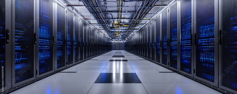 Poster a modern data center showcasing rows of servers and high-tech equipment. the illuminated pathway bet