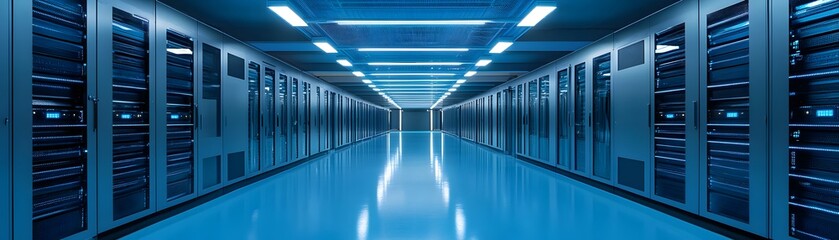 Obraz premium A modern data center with rows of server racks under vibrant blue lighting, showcasing advanced technology and infrastructure for data storage and processing.