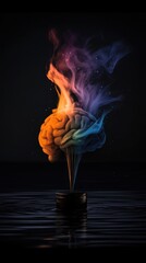 Creative imagination brain with colorful flames on dark background