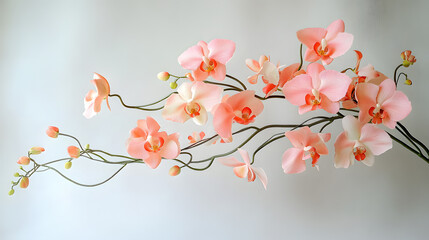 A whimsical orchid arrangement with swirling stems and pastel-colored blooms, set against a soft white background, during a studio photoshoot