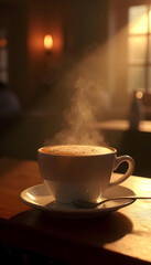 Obraz premium Detalle de café humeante en una taza. Ambiente de bar. Desayuno