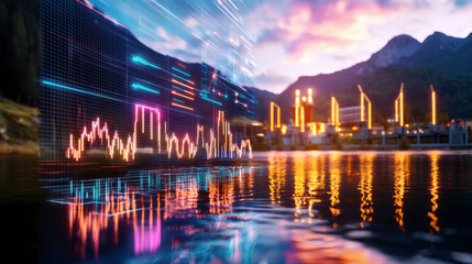 Futuristic visualization of data analytics over hydroelectric plant at dusk, reflecting vibrant colors on water. scene captures technology and nature harmoniously