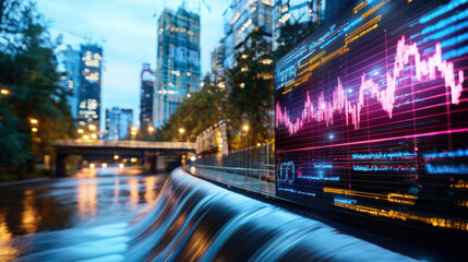 Futuristic cityscape with digital data visualization over water